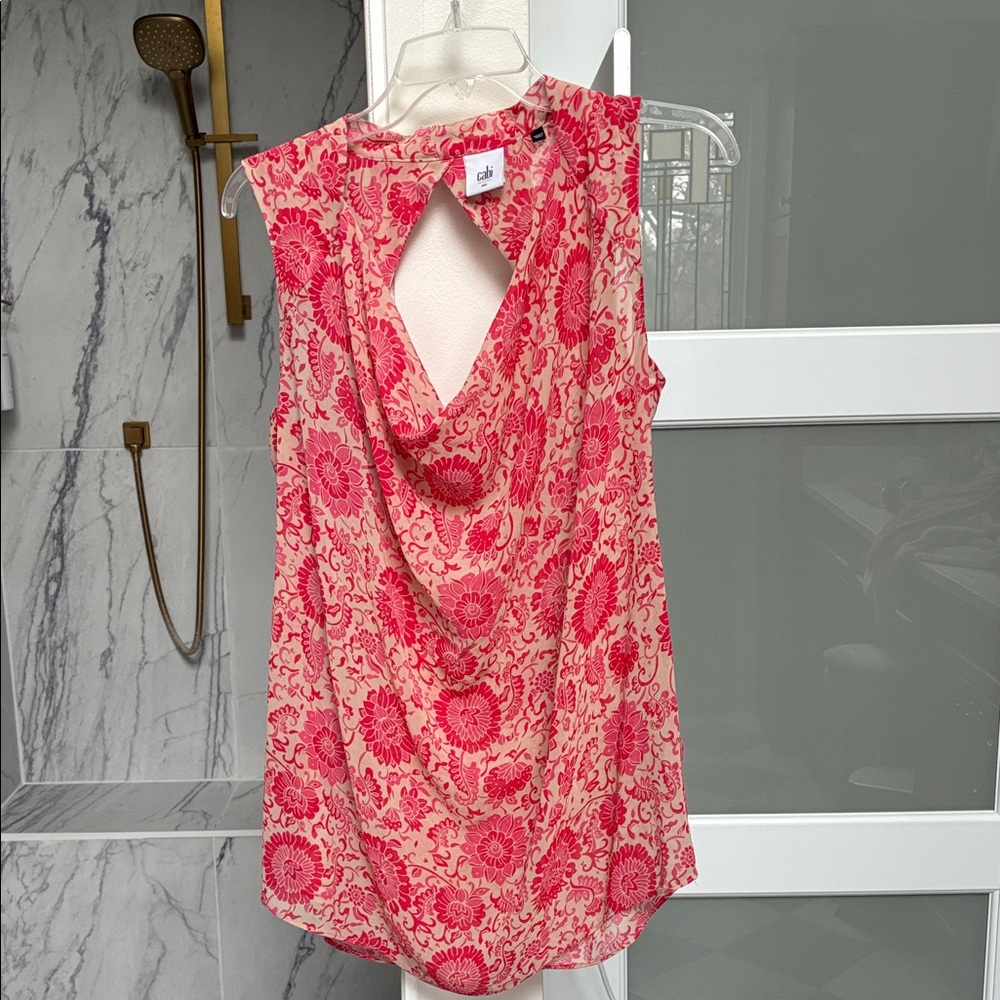 CAbi Red Floral Cowl Neck Sleeveless Top